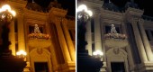 before&after Before and After: This photo of a courthouse was taken at night, and exhibits an orange/gold color cast that is typical for incandescent lighting. In just a few easy steps we can compensate for the color cast and produce an image with much more natural looking color.
