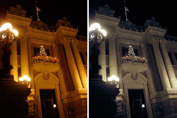 before&after Before and After: This photo of a courthouse was taken at night, and exhibits an orange/gold color cast that is typical for incandescent lighting. In just a few easy steps we can compensate for the color cast and produce an image with much more natural looking color.